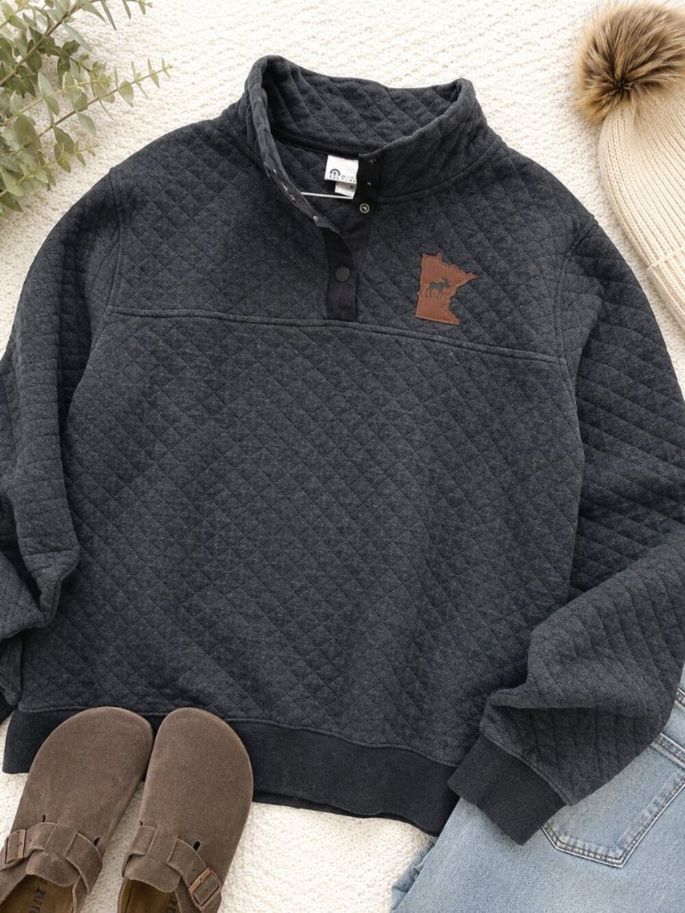Artisans Minnesota Moose Quilted Pullover Sweatshirt XXL Charcoal Gray Snap Neck